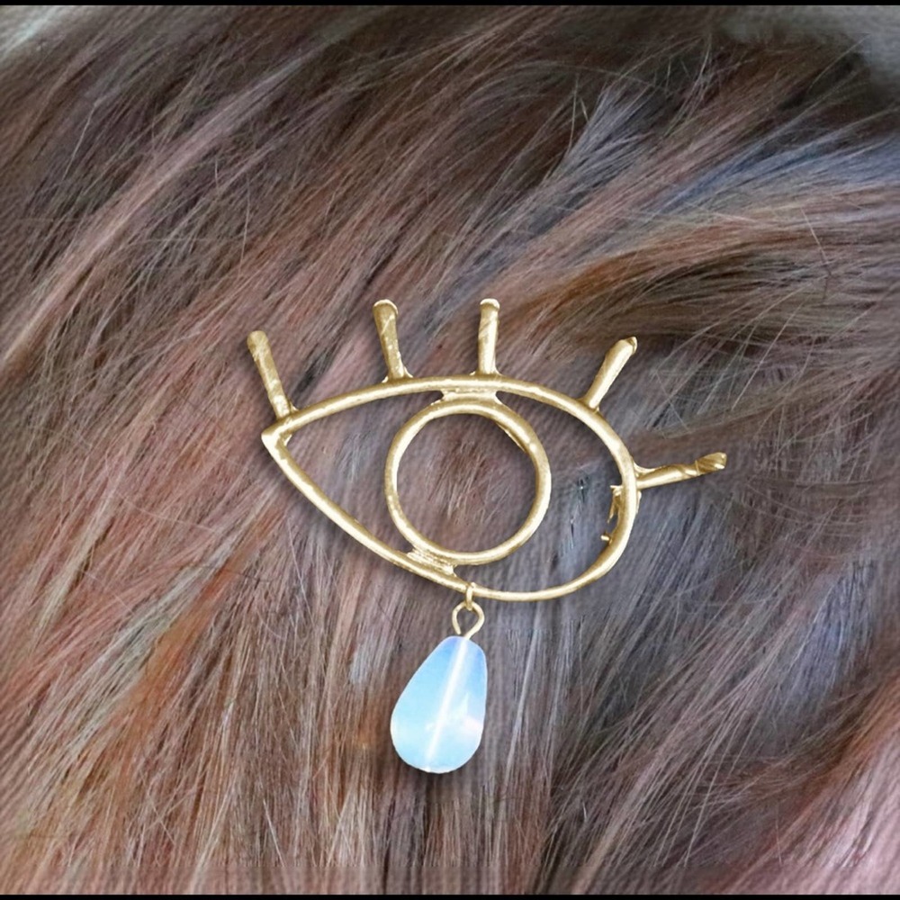 Evil Eye Hair Clip with Opalite Teardrop, Gold